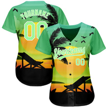 Load image into Gallery viewer, Custom Pea Green Black-White 3D Pattern Design Hawaii Palm Trees And Beach Sunset Authentic Baseball Jersey