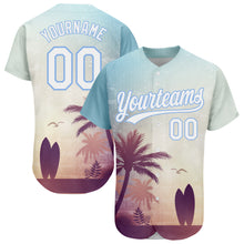 Load image into Gallery viewer, Custom Light Blue White 3D Pattern Design Hawaii Palm Trees And Beach Dusk Authentic Baseball Jersey