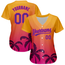Load image into Gallery viewer, Custom Gold Purple-Hot Pink 3D Pattern Design Hawaii Palm Trees Authentic Baseball Jersey