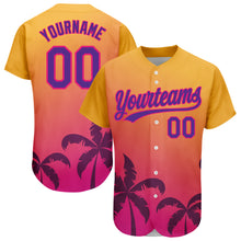 Load image into Gallery viewer, Custom Gold Purple-Hot Pink 3D Pattern Design Hawaii Palm Trees Authentic Baseball Jersey