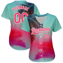 Load image into Gallery viewer, Custom Aqua Neon Pink-White 3D Pattern Design Hawaii Palm Leaves Authentic Baseball Jersey