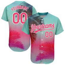 Load image into Gallery viewer, Custom Aqua Neon Pink-White 3D Pattern Design Hawaii Palm Leaves Authentic Baseball Jersey