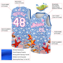 Load image into Gallery viewer, Custom Light Blue White-Pink 3D Pattern Hawaii Palm Trees And Starfishes Authentic Basketball Jersey