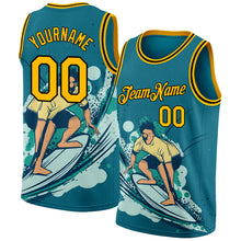 Load image into Gallery viewer, Custom Teal Gold-Black 3D Pattern Beach Surfing Authentic Basketball Jersey