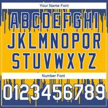 Load image into Gallery viewer, Custom Gold White-Royal Abstract Vertical Lines Authentic City Edition Basketball Jersey