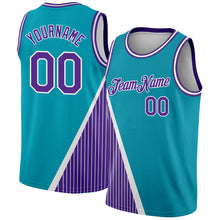 Load image into Gallery viewer, Custom Teal Purple-White Triangle Pinstripes Authentic City Edition Basketball Jersey