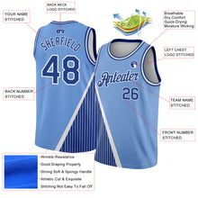 Load image into Gallery viewer, Custom Light Blue Royal-White Triangle Pinstripes Authentic City Edition Basketball Jersey