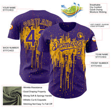 Load image into Gallery viewer, Custom Purple Gold 3D Pattern Design Dripping Splatter Art Authentic Baseball Jersey