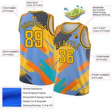 Load image into Gallery viewer, Custom Light Blue Gold-Black 3D Pattern Design Abstract Brush Stroke Shapes Authentic Basketball Jersey