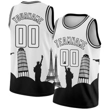 Load image into Gallery viewer, Custom White Black Holiday Travel Monuments Silhouette Authentic City Edition Basketball Jersey