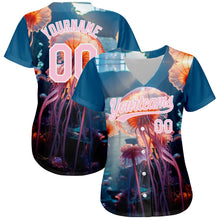 Load image into Gallery viewer, Custom Navy Light Pink-White 3D Pattern Design Jellyfish Floating In The Ocean Authentic Baseball Jersey