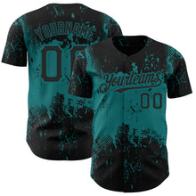 Load image into Gallery viewer, Custom Black Teal 3D Pattern Design Abstract Splatter Grunge Art Authentic Baseball Jersey