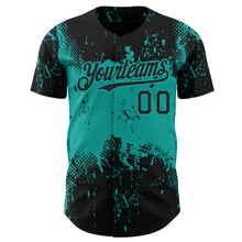 Load image into Gallery viewer, Custom Black Aqua 3D Pattern Design Abstract Splatter Grunge Art Authentic Baseball Jersey