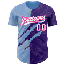 Load image into Gallery viewer, Custom Graffiti Pattern Purple Light Blue-Pink 3D Scratch Authentic Baseball Jersey