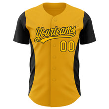 Load image into Gallery viewer, Custom Gold Black 3D Pattern Design Side Stripes Authentic Baseball Jersey