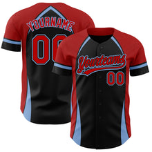 Load image into Gallery viewer, Custom Black Red-Light Blue 3D Pattern Design Curve Solid Authentic Baseball Jersey