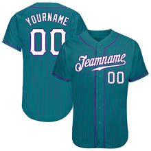 Load image into Gallery viewer, Custom Teal Purple Pinstripe White-Purple Authentic Baseball Jersey