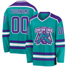 Load image into Gallery viewer, Custom Aqua Purple-White Hockey Jersey