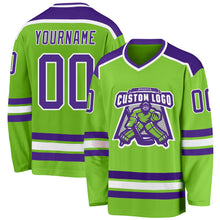 Load image into Gallery viewer, Custom Neon Green Purple-White Hockey Jersey