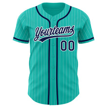 Load image into Gallery viewer, Custom Aqua White Pinstripe Navy Authentic Baseball Jersey