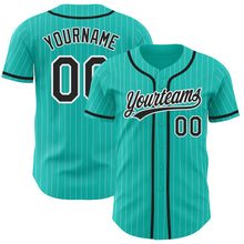 Load image into Gallery viewer, Custom Aqua White Pinstripe Black Authentic Baseball Jersey