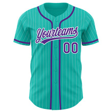 Load image into Gallery viewer, Custom Aqua White Pinstripe Purple Authentic Baseball Jersey