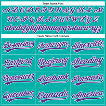 Load image into Gallery viewer, Custom Aqua White Pinstripe Purple Authentic Baseball Jersey