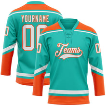 Load image into Gallery viewer, Custom Aqua White-Orange Hockey Lace Neck Jersey
