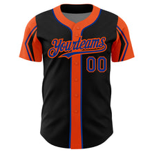 Load image into Gallery viewer, Custom Black Royal-Orange 3 Colors Arm Shapes Authentic Baseball Jersey