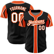 Load image into Gallery viewer, Custom Black White-Orange 3 Colors Arm Shapes Authentic Baseball Jersey