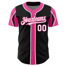 Load image into Gallery viewer, Custom Black White-Pink 3 Colors Arm Shapes Authentic Baseball Jersey
