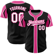 Load image into Gallery viewer, Custom Black White-Pink 3 Colors Arm Shapes Authentic Baseball Jersey