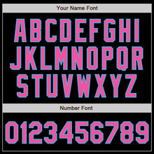 Load image into Gallery viewer, Custom Black Pink-Sky Blue 3 Colors Arm Shapes Authentic Baseball Jersey