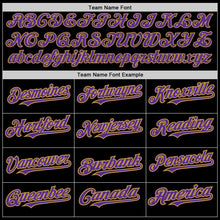 Load image into Gallery viewer, Custom Black Purple-Old Gold 3 Colors Arm Shapes Authentic Baseball Jersey