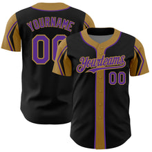 Load image into Gallery viewer, Custom Black Purple-Old Gold 3 Colors Arm Shapes Authentic Baseball Jersey