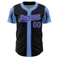 Load image into Gallery viewer, Custom Black Purple-Light Blue 3 Colors Arm Shapes Authentic Baseball Jersey