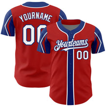 Load image into Gallery viewer, Custom Red White-Royal 3 Colors Arm Shapes Authentic Baseball Jersey