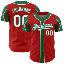 Load image into Gallery viewer, Custom Red White-Kelly Green 3 Colors Arm Shapes Authentic Baseball Jersey