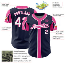 Load image into Gallery viewer, Custom Navy White-Pink 3 Colors Arm Shapes Authentic Baseball Jersey