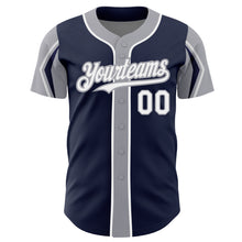 Load image into Gallery viewer, Custom Navy White-Gray 3 Colors Arm Shapes Authentic Baseball Jersey