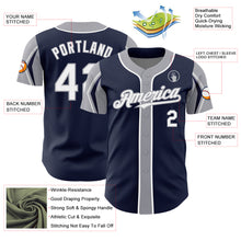 Load image into Gallery viewer, Custom Navy White-Gray 3 Colors Arm Shapes Authentic Baseball Jersey