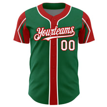 Load image into Gallery viewer, Custom Kelly Green White-Red 3 Colors Arm Shapes Authentic Baseball Jersey