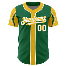 Load image into Gallery viewer, Custom Kelly Green White-Yellow 3 Colors Arm Shapes Authentic Baseball Jersey