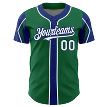 Load image into Gallery viewer, Custom Kelly Green White-Royal 3 Colors Arm Shapes Authentic Baseball Jersey
