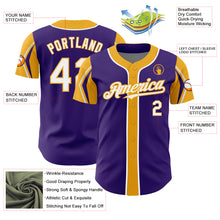 Load image into Gallery viewer, Custom Purple White-Gold 3 Colors Arm Shapes Authentic Baseball Jersey
