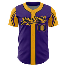 Load image into Gallery viewer, Custom Purple Black-Gold 3 Colors Arm Shapes Authentic Baseball Jersey