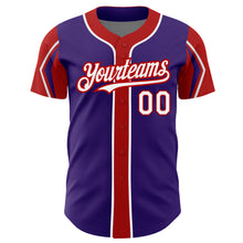 Load image into Gallery viewer, Custom Purple White-Red 3 Colors Arm Shapes Authentic Baseball Jersey