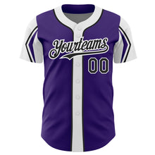 Load image into Gallery viewer, Custom Purple Black-White 3 Colors Arm Shapes Authentic Baseball Jersey