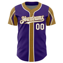 Load image into Gallery viewer, Custom Purple White-Old Gold 3 Colors Arm Shapes Authentic Baseball Jersey