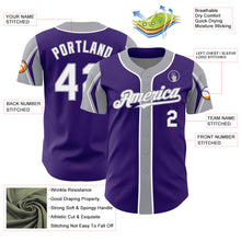Load image into Gallery viewer, Custom Purple White-Gray 3 Colors Arm Shapes Authentic Baseball Jersey